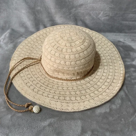 Somas Accessories Greece Beige Crochet Wide Brim Sun Hat Pearl Charm Sz 57 Lace - Picture 14 of 16